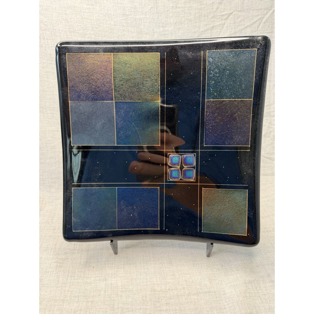 Vintage Signed Barrett Fused Glass Iridescent Decorative Plate Trinket W/Stand - Picture 2 of 8